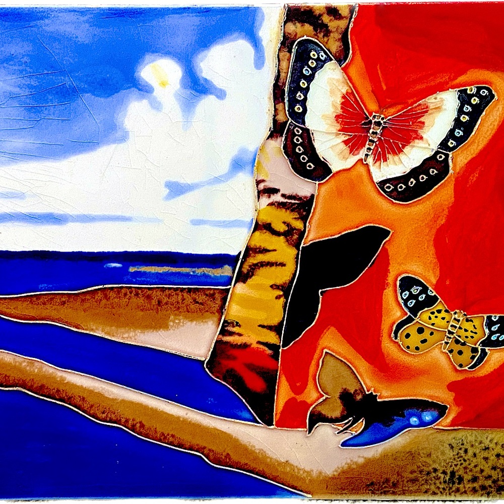 Awesome vintage ‘70s glazed ceramic tile scene of ocean & 3 butterflies